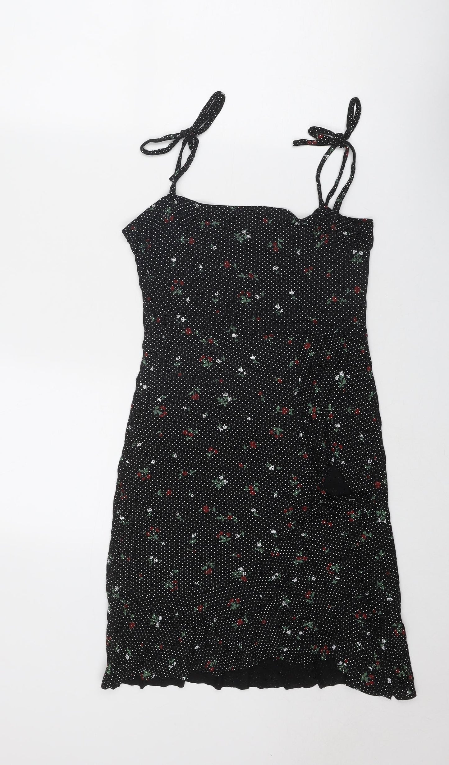 PRETTYLITTLETHING Womens Black Geometric Viscose Tank Dress Size 8 Square Neck Tie