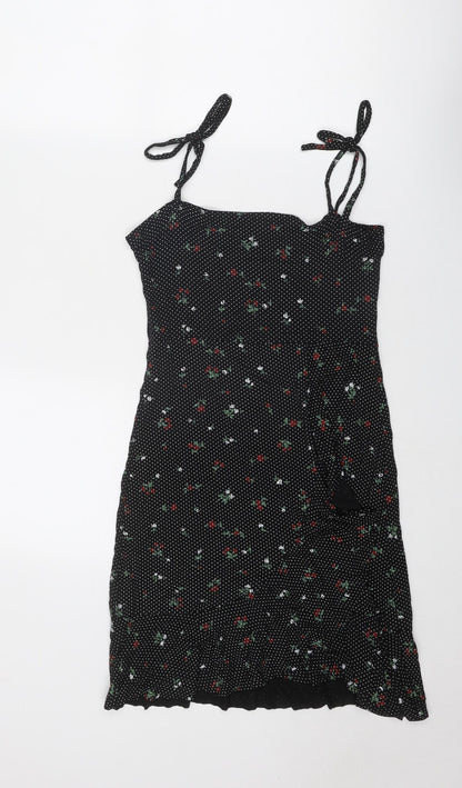 PRETTYLITTLETHING Womens Black Geometric Viscose Tank Dress Size 8 Square Neck Tie