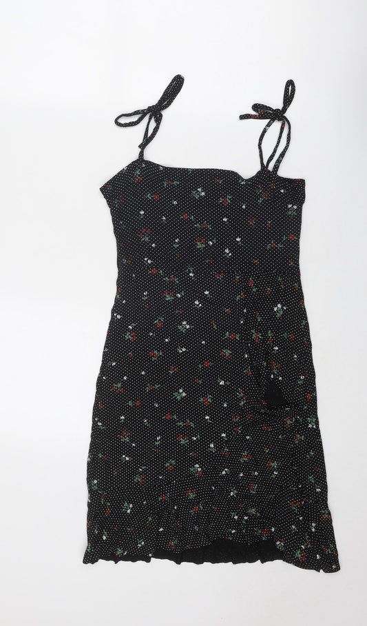 PRETTYLITTLETHING Womens Black Geometric Viscose Tank Dress Size 8 Square Neck Tie