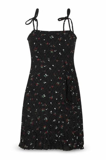 PRETTYLITTLETHING Womens Black Geometric Viscose Tank Dress Size 8 Square Neck Tie