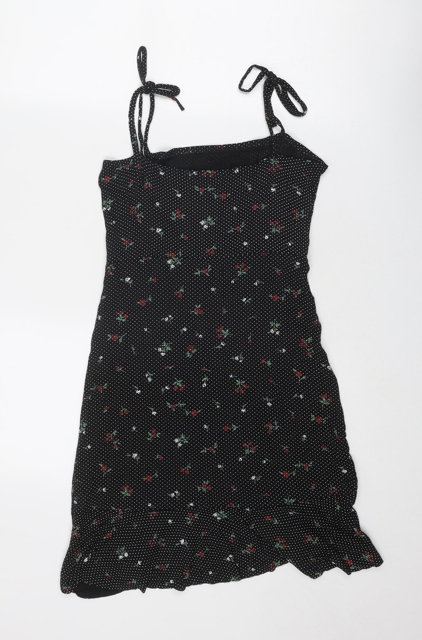 PRETTYLITTLETHING Womens Black Geometric Viscose Tank Dress Size 8 Square Neck Tie