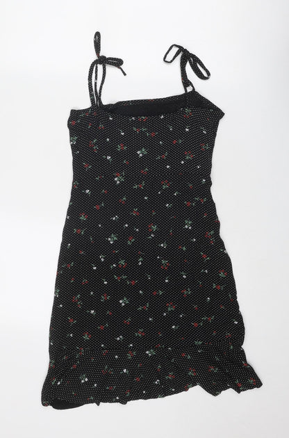 PRETTYLITTLETHING Womens Black Geometric Viscose Tank Dress Size 8 Square Neck Tie