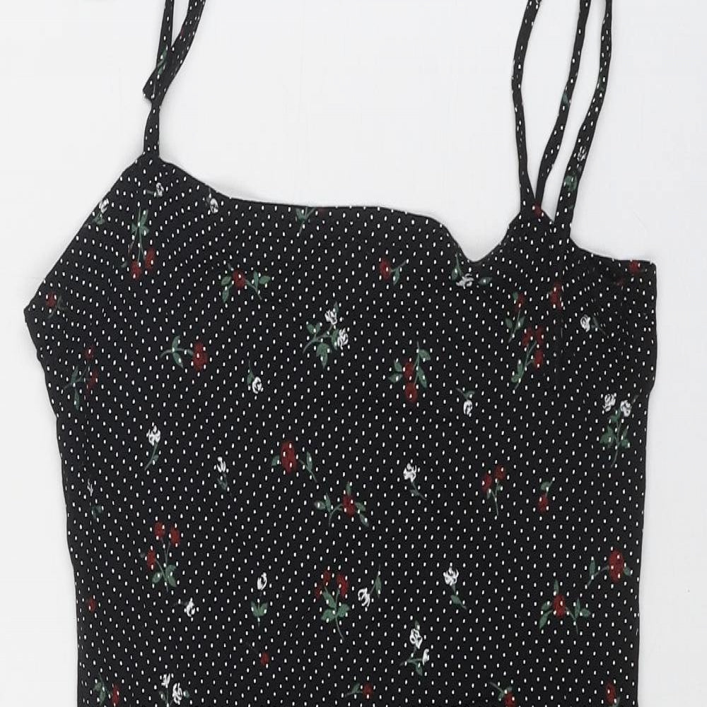 PRETTYLITTLETHING Womens Black Geometric Viscose Tank Dress Size 8 Square Neck Tie