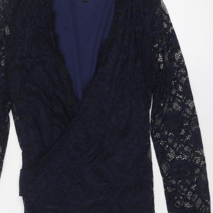 Little Black Dress Womens Blue Geometric Nylon A-Line Size 12 V-Neck Tie