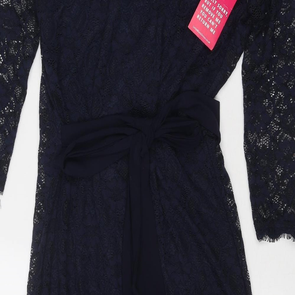 Little Black Dress Womens Blue Geometric Nylon A-Line Size 12 V-Neck Tie