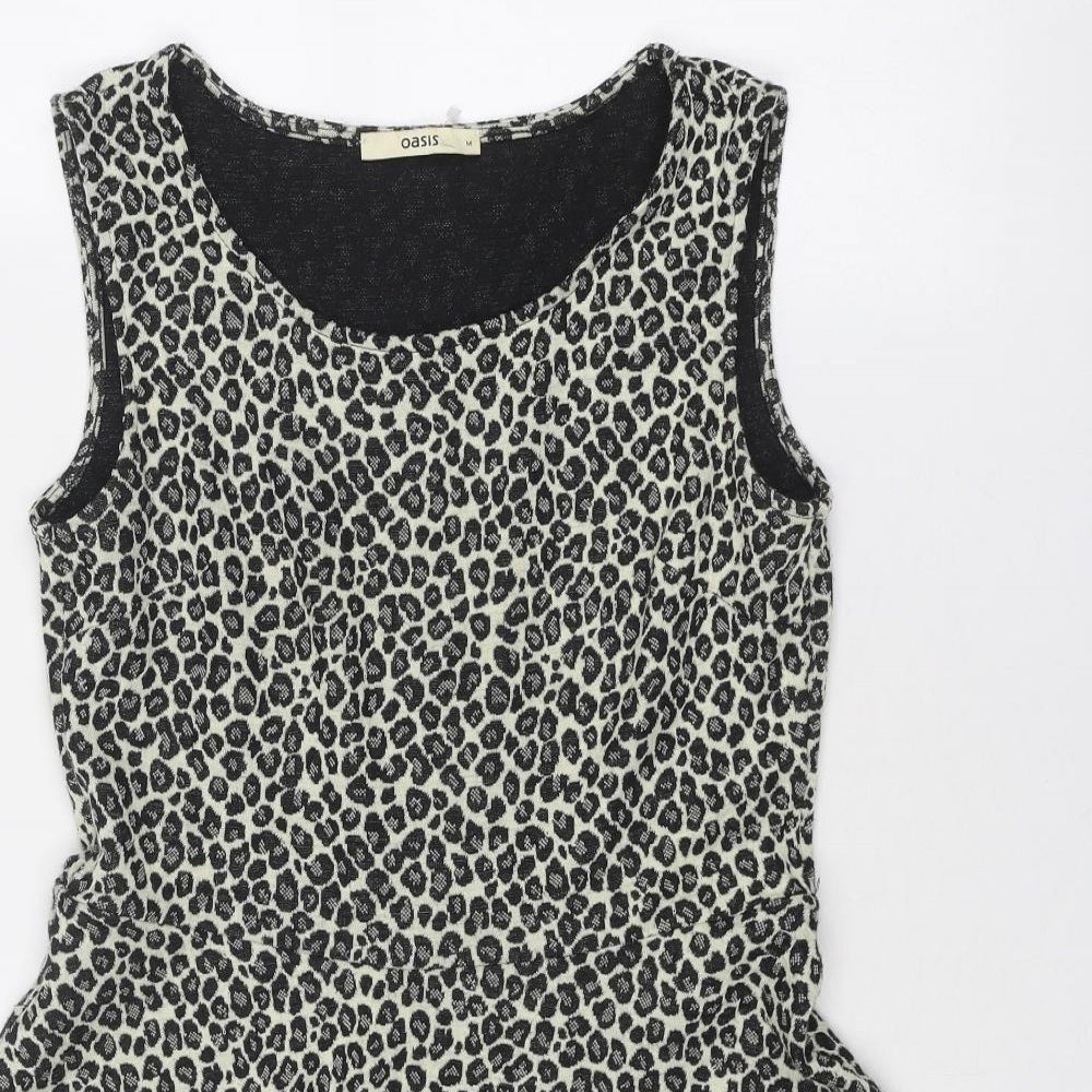 Oasis Womens Beige Animal Print Acrylic Fit & Flare Size M Round Neck Pullover - Leopard Pattern