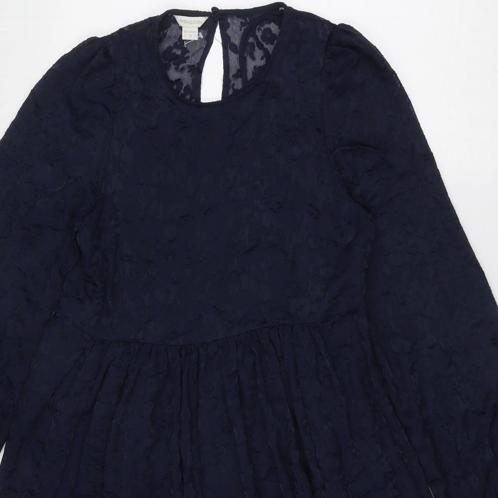 Monsoon Womens Blue Floral Polyester Trapeze & Swing Size 8 Round Neck Button