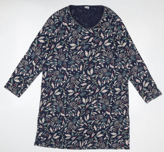 Damart Womens Blue Geometric Cotton A-Line Size L Round Neck Pullover - Leaf Pattern