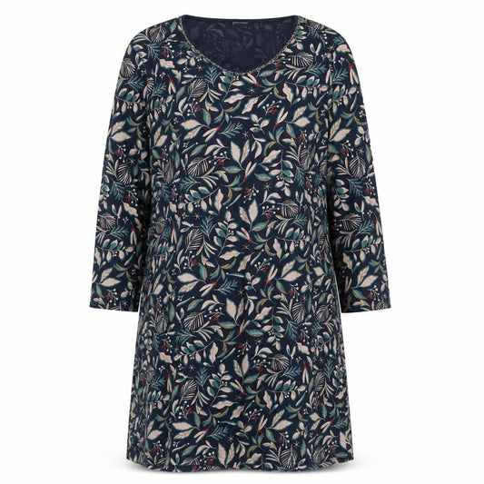 Damart Womens Blue Geometric Cotton A-Line Size L Round Neck Pullover - Leaf Pattern