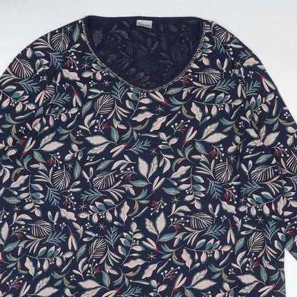 Damart Womens Blue Geometric Cotton A-Line Size L Round Neck Pullover - Leaf Pattern