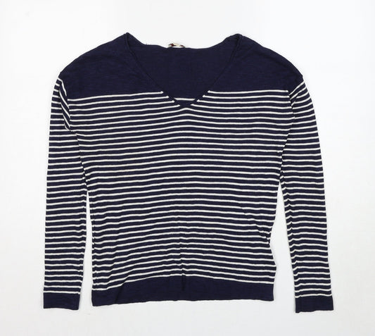 Gap Womens Blue V-Neck Striped Cotton Pullover Jumper Size XS