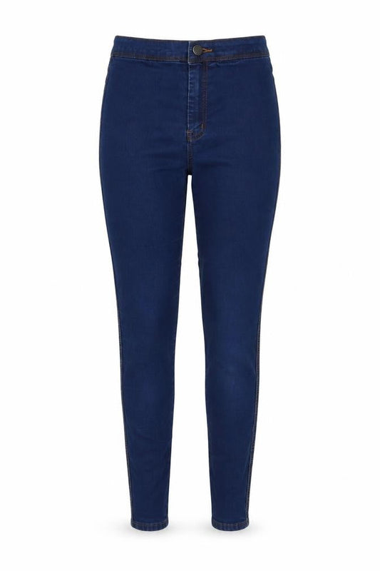 Front view of ASOS women’s blue cotton skinny jeans, size UK 28, in, 32-inch leg regular button