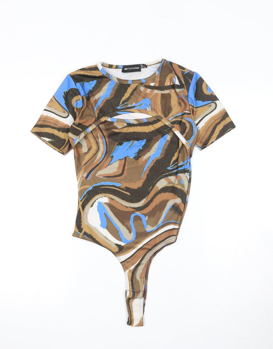 PRETTYLITTLETHING Womens Brown Geometric Polyester Bodysuit One-Piece Size 6 Pullover