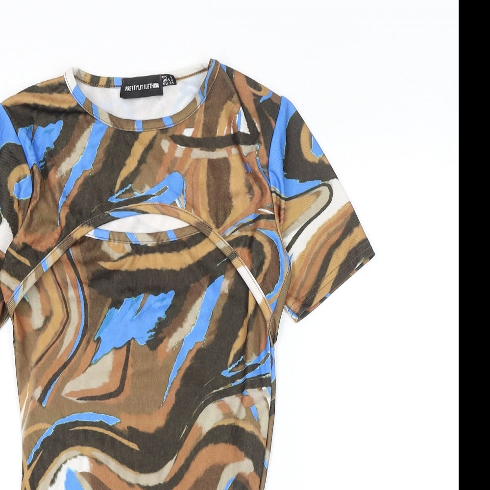 PRETTYLITTLETHING Womens Brown Geometric Polyester Bodysuit One-Piece Size 6 Pullover