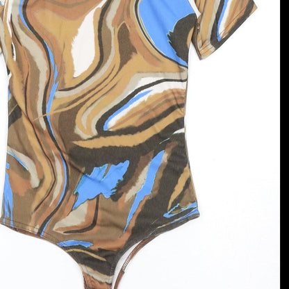 PRETTYLITTLETHING Womens Brown Geometric Polyester Bodysuit One-Piece Size 6 Pullover