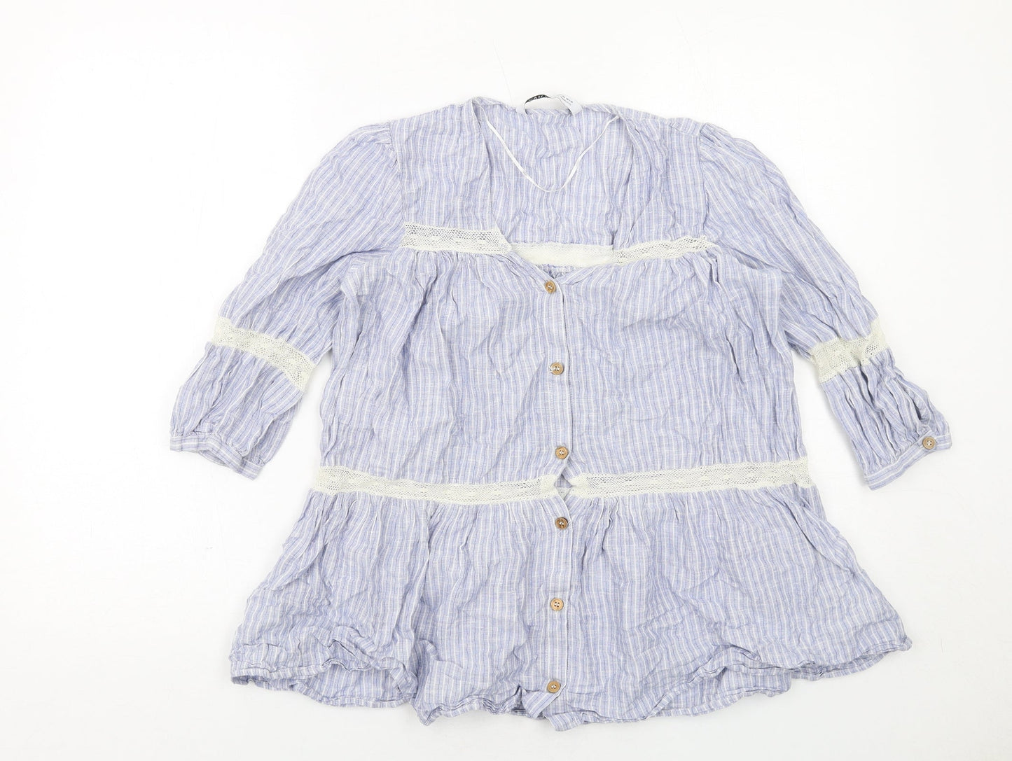Zara Womens Blue Striped Cotton Basic Button-Up Size XS V-Neck