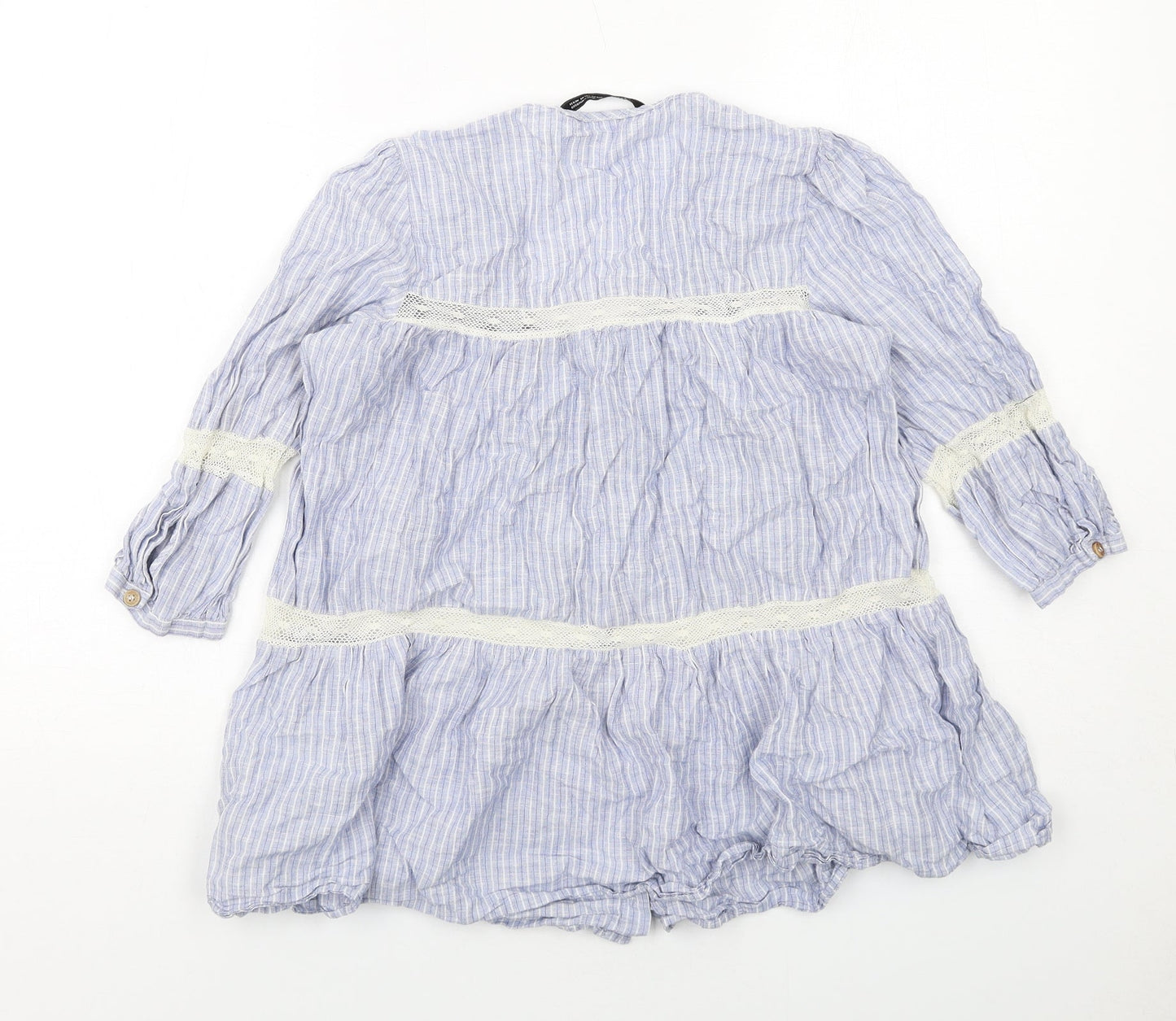 Zara Womens Blue Striped Cotton Basic Button-Up Size XS V-Neck