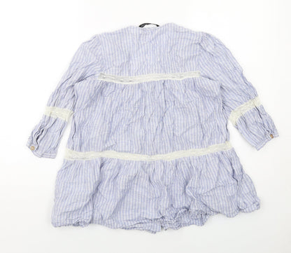Zara Womens Blue Striped Cotton Basic Button-Up Size XS V-Neck