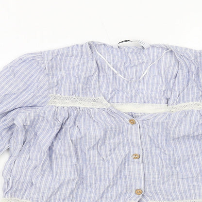 Zara Womens Blue Striped Cotton Basic Button-Up Size XS V-Neck