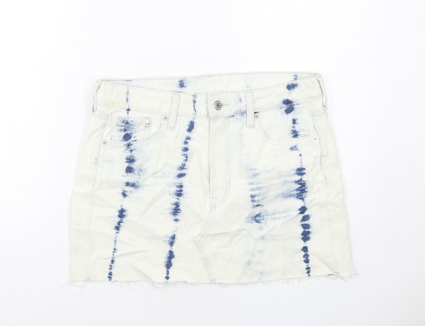 H&M Womens White Geometric Cotton A-Line Skirt Size S Zip - Tie Dye Pattern