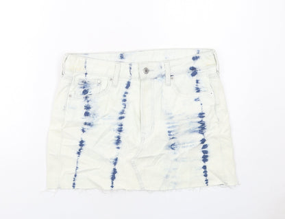 H&M Womens White Geometric Cotton A-Line Skirt Size S Zip - Tie Dye Pattern