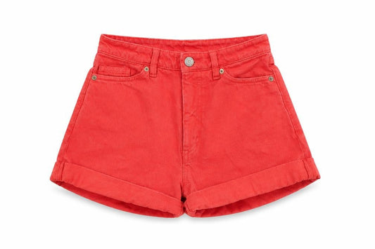 Monki Womens Red 100% Cotton Mom Shorts Size 25 in Extra-Slim Zip