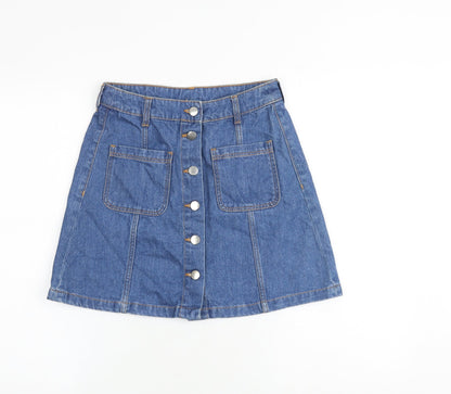 H&M Womens Blue Cotton A-Line Skirt Size 6 Button