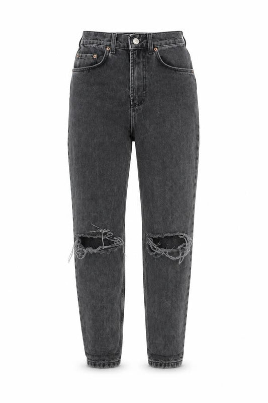 Front view of ASOS women’s grey cotton tapered jeans, size UK 26, in, 30-inch leg regular zip