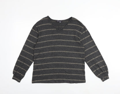 Marks and Spencer Womens Grey V-Neck Striped Viscose Pullover Jumper Size 8