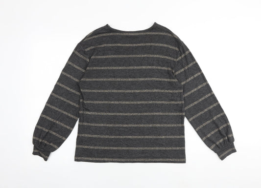 Marks and Spencer Womens Grey V-Neck Striped Viscose Pullover Jumper Size 8