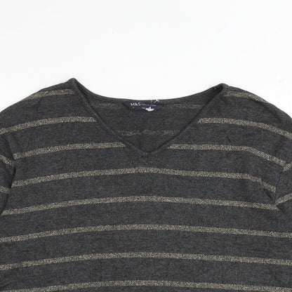 Marks and Spencer Womens Grey V-Neck Striped Viscose Pullover Jumper Size 8