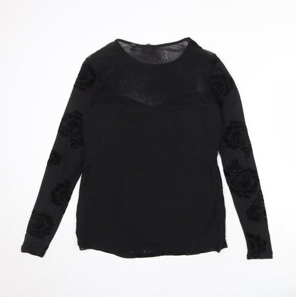 Dorothy Perkins Womens Black Floral Polyester Basic Blouse Size 14 Round Neck