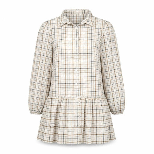 Front view of In the Style women’s beige plaid polyester shirt dress, size UK 8, collared button