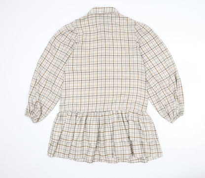 In the Style Womens Beige Plaid Polyester Shirt Dress Size 8 Collared Button