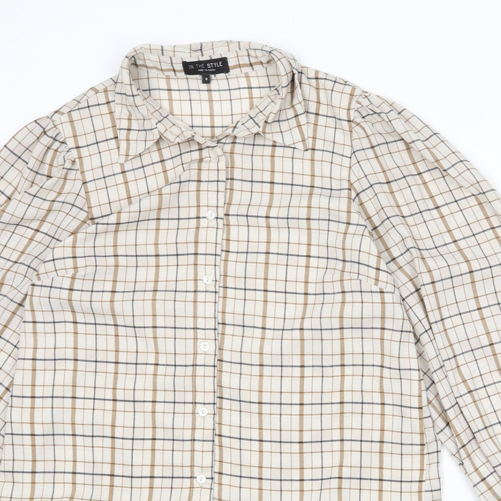 In the Style Womens Beige Plaid Polyester Shirt Dress Size 8 Collared Button