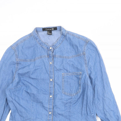 FOREVER 21 Womens Blue 100% Cotton Basic Button-Up Size S Round Neck