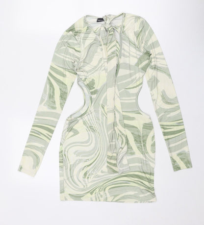 PRETTYLITTLETHING Womens Green Geometric Polyester Bodycon Size 8 Round Neck Pullover