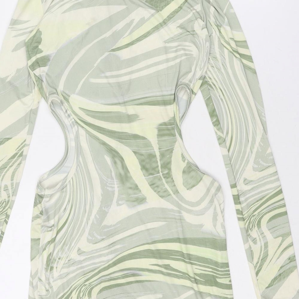 PRETTYLITTLETHING Womens Green Geometric Polyester Bodycon Size 8 Round Neck Pullover