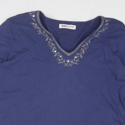 Bonmarché Womens Blue Cotton Basic Blouse Size M V-Neck