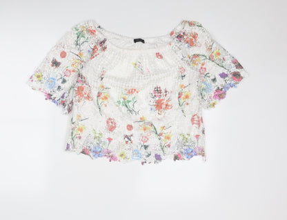 Quiz Womens White Floral Viscose Basic T-Shirt Size 10 Round Neck