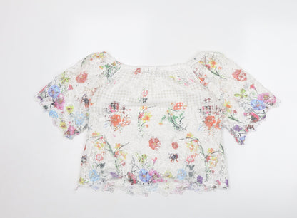 Quiz Womens White Floral Viscose Basic T-Shirt Size 10 Round Neck