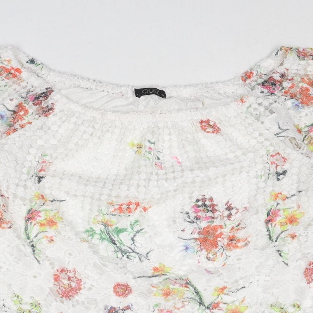 Quiz Womens White Floral Viscose Basic T-Shirt Size 10 Round Neck