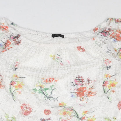 Quiz Womens White Floral Viscose Basic T-Shirt Size 10 Round Neck