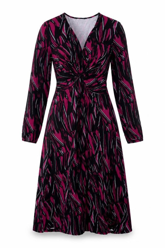 Front view of Roman women’s purple geometric viscose a-line, size S, v-neck pullover