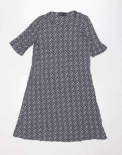 Marks and Spencer Womens Blue Geometric Viscose A-Line Size 12 Round Neck Pullover