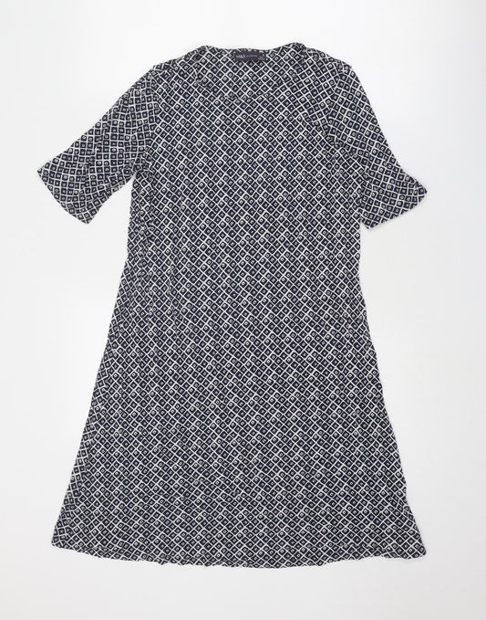 Marks and Spencer Womens Blue Geometric Viscose A-Line Size 12 Round Neck Pullover