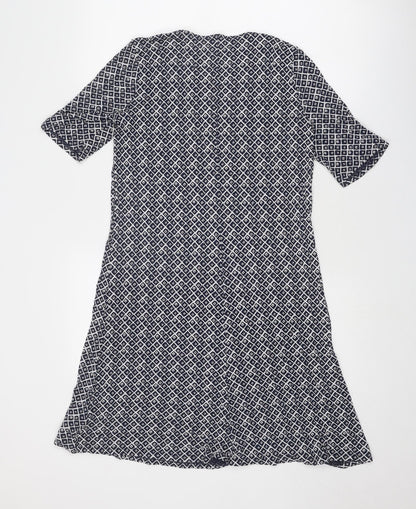 Marks and Spencer Womens Blue Geometric Viscose A-Line Size 12 Round Neck Pullover