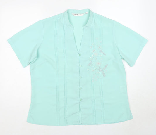 EWM Womens Blue Geometric Polyester Basic Button-Up Size 18 V-Neck