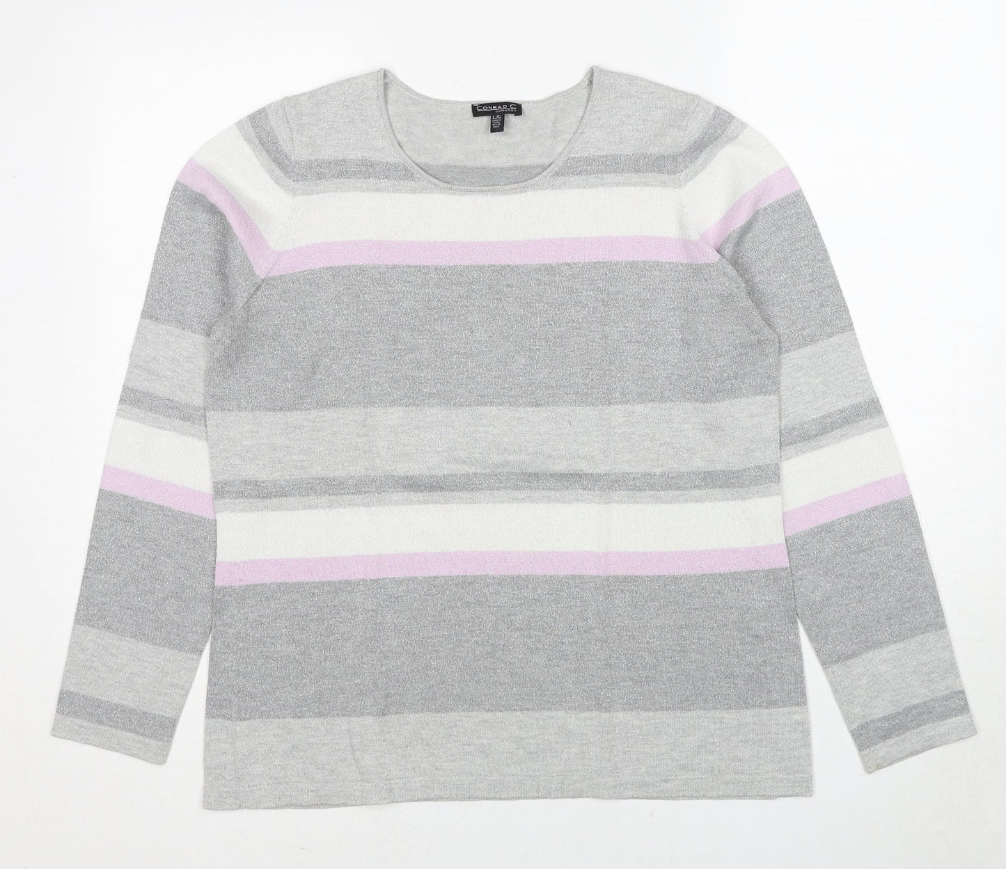 Conrad C Womens Grey Round Neck Striped Cotton Pullover Jumper Size L