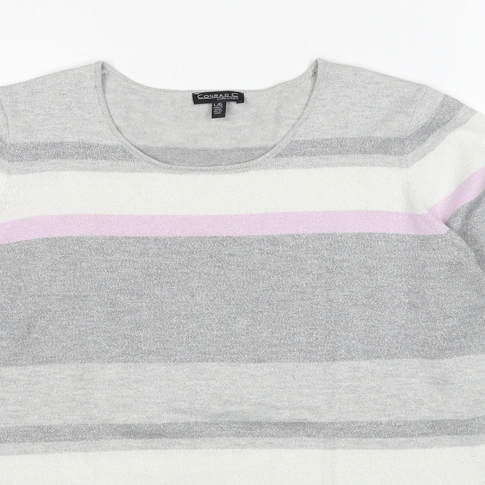 Conrad C Womens Grey Round Neck Striped Cotton Pullover Jumper Size L